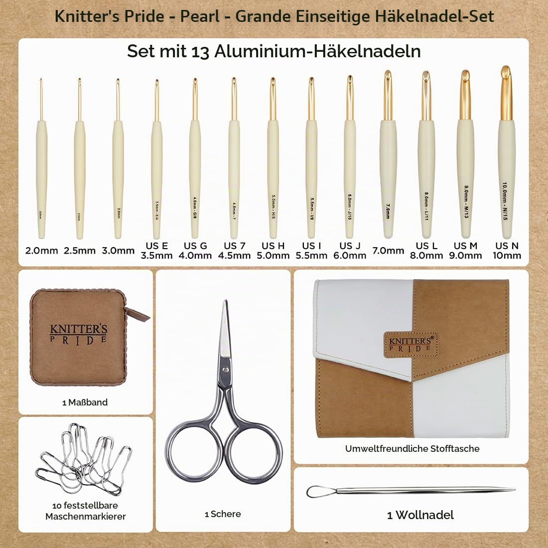 Knitter's Pride Pearl Grande Häkelnadel-Set 2-10 mm, Aluminium, 1 Stk.