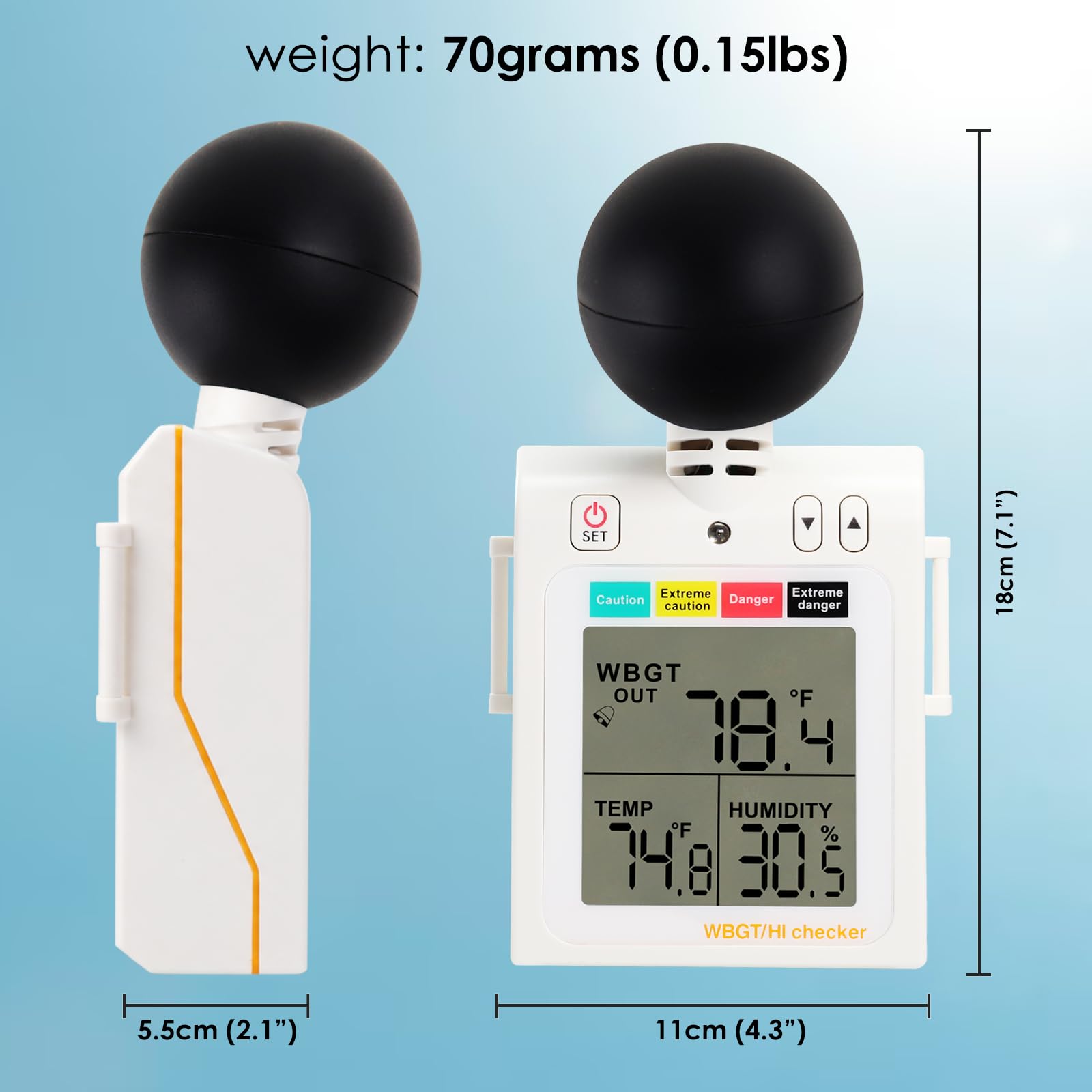 WBGT + HI Calor Inspector Calor Estrés Metro Mojado Bulbo Globo Temperatura Humedad Usable Ensayador