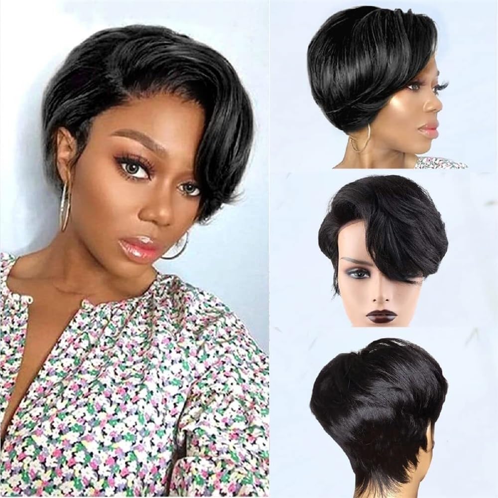 Parrucca Parrucche Corte Pixie Cut Capelli Umani 13x4x1 Parte Laterale Bob Parrucche Frontali in Pizzo for Donne Capelli Lisci Remy Parte a T Parrucca Donna(8inches)