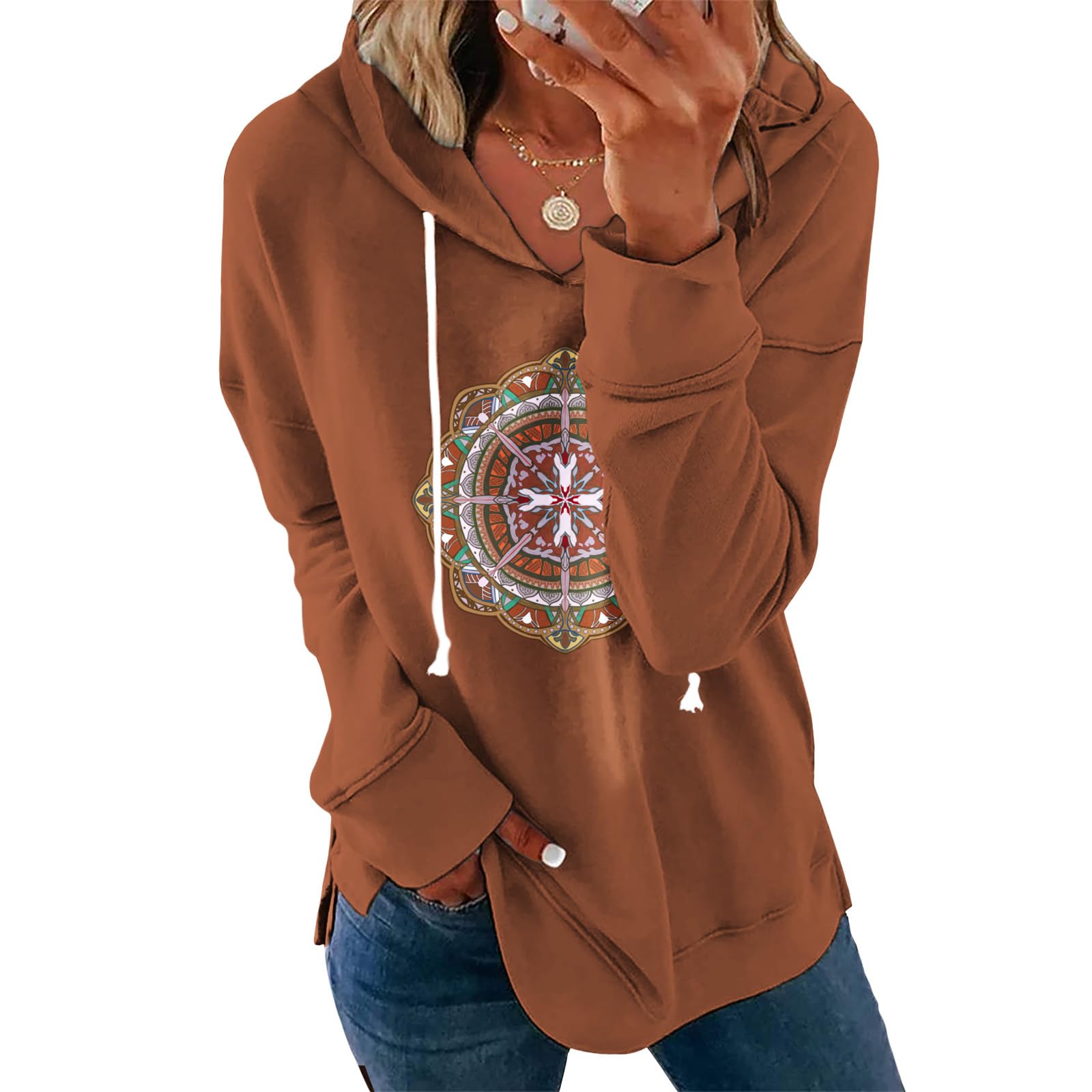 Women's Brown Mandala Print Hoodie Long Sleeve Loose Fit Pullover Sweatshirt With Drawstring For Fall Winter