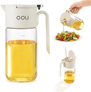 OOU B2 Oil Dispenser Bottle, 20oz/600ml Borosilicate Glass Olive Oil Bottle with One-Step Pop-Up Lid, One-Hand Pour Control, Leak-Resistant Silicone Seal, Stainless Steel Spout & 304 Filter, Off-White