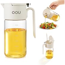 OOU B2 Oil Dispenser Bottle, 20oz/600ml Borosilicate Glass Olive Oil Bottle with One-Step Pop-Up Lid, One-Hand Pour Control, Leak-Resistant Silicone Seal, Stainless Steel Spout & 304 Filter, Off-White