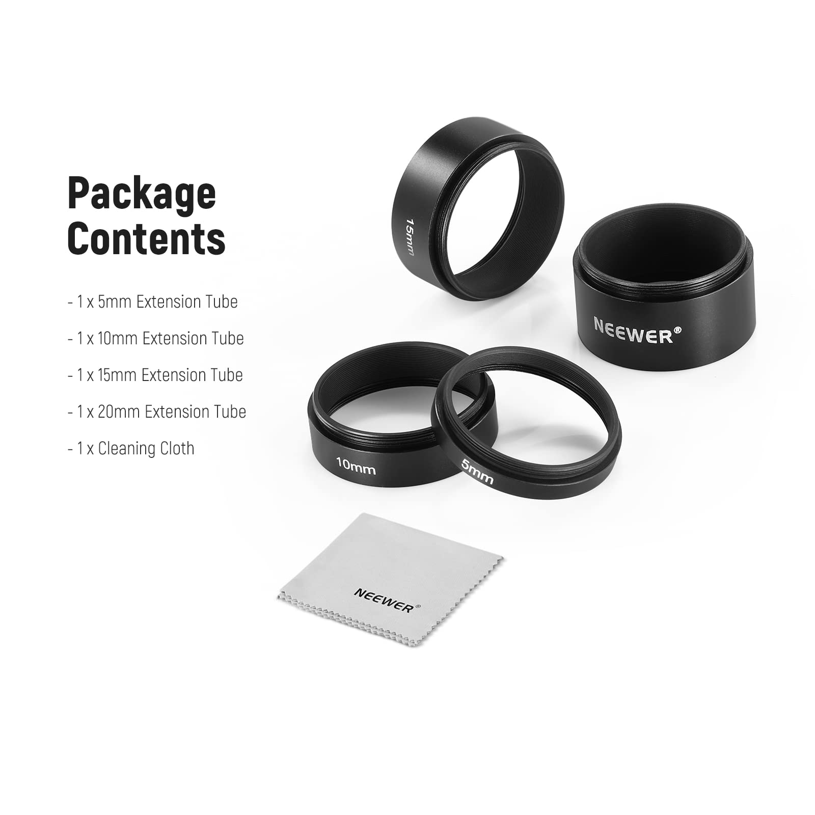 NEEWER Kit de 4 Tubes d'extension T2, Tube d'extension 5mm 10mm 15mm 20mm avec Filetage Double Face M42 x 0,75 mm, Accessoire de télescope pour astrophotographie