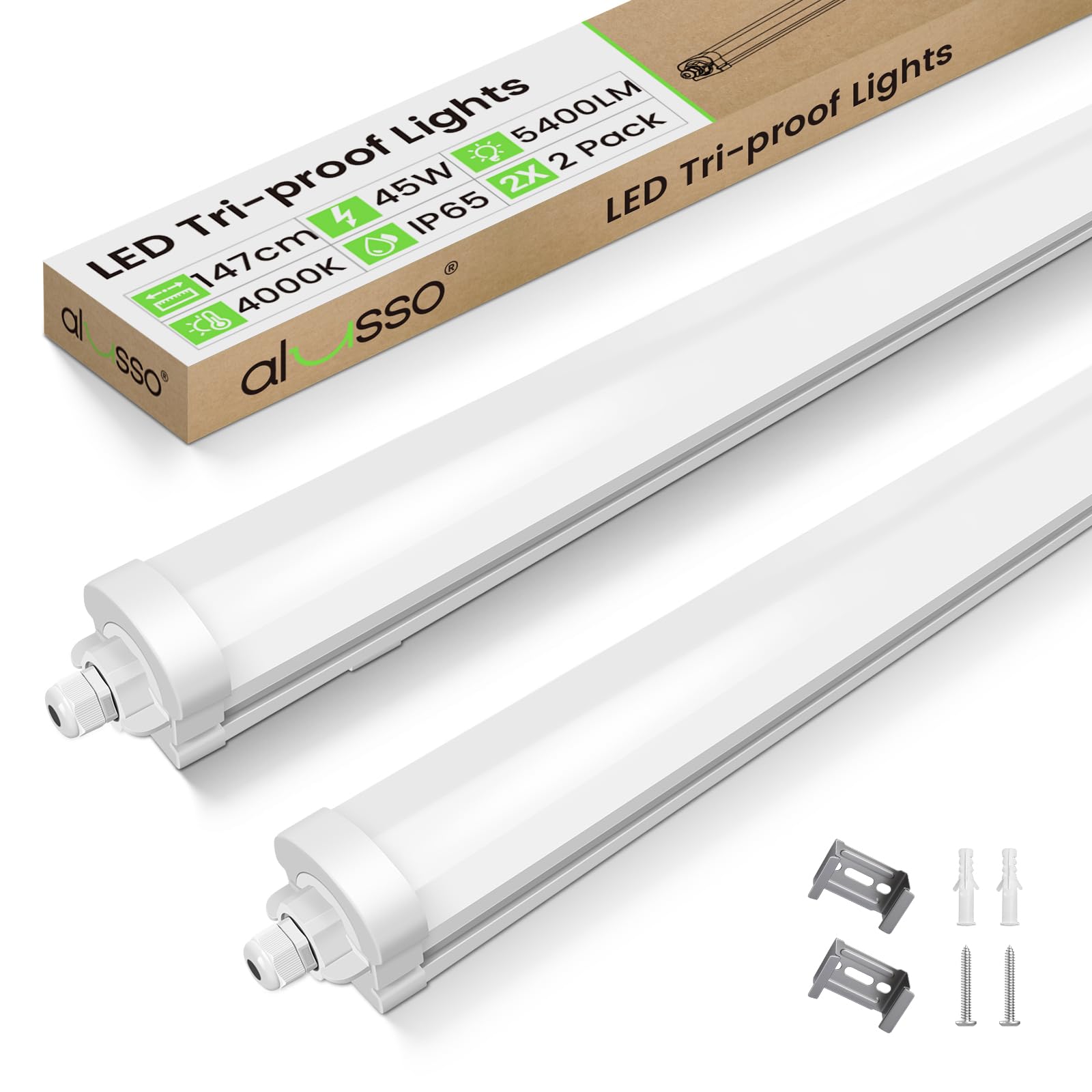 ALUSSO Lot de 2 Réglette LED 150 cm, LED 45W 5400LM 4000K Neutre Blanc IP65 extérieur étanche, Tubes Lumineux pour garage, Cave,entrepôt, bureau, atelier, éclairage de cuisine
