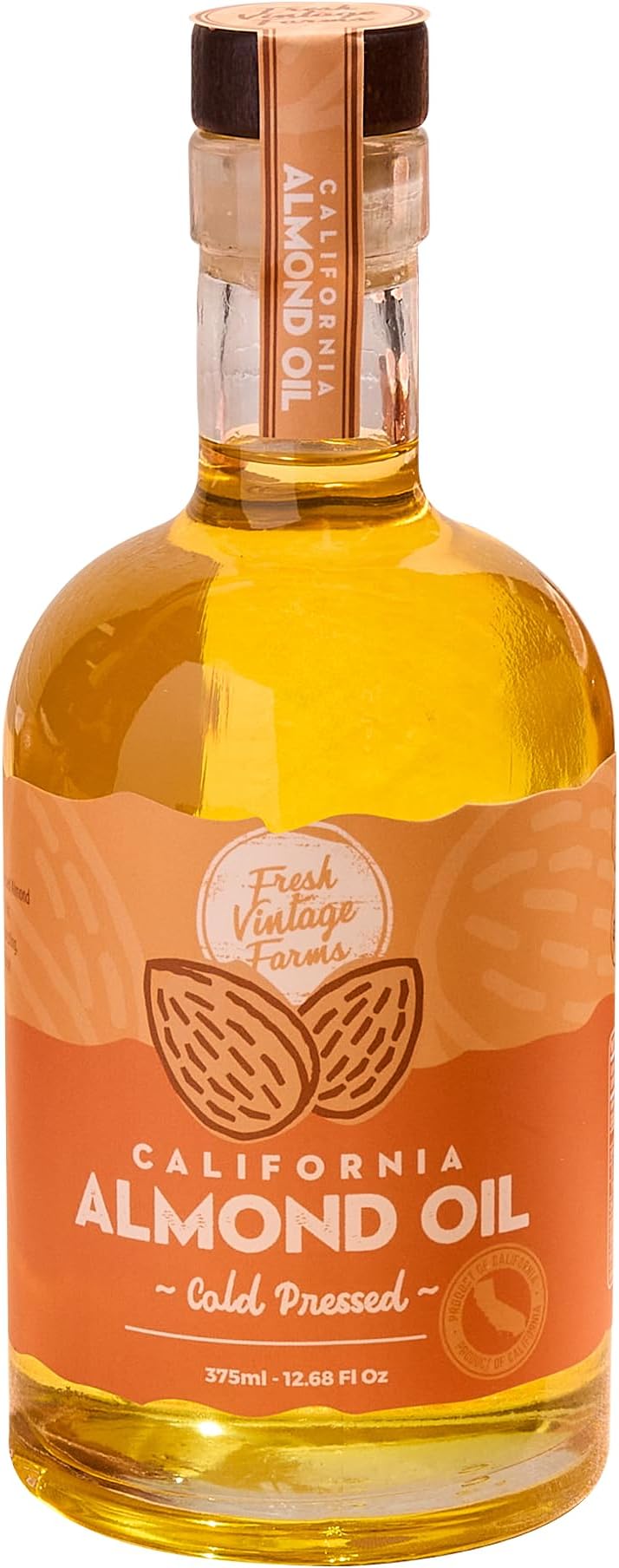 Fresh Vintage Farms 100% Cold Pressed Sweet Almond Oil | Nutrient-Rich Healthy Cooking Oil for Cooking, Baking, Grilling, Dipping, & Salads | Cold Pressed Almond Oil - 12.68 Fl oz, Pack of 1
