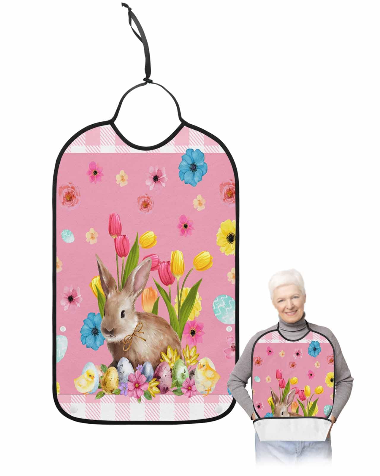 LEOKOTI Spring Easter Adult Bibs for Eating, Waterproof Bibs with Food Catcher & Snap Closure, Pink Plaid Bunny Tulip Floral Colorful Eggs Washable Clothing Protectors Adult Bibs for Elderly