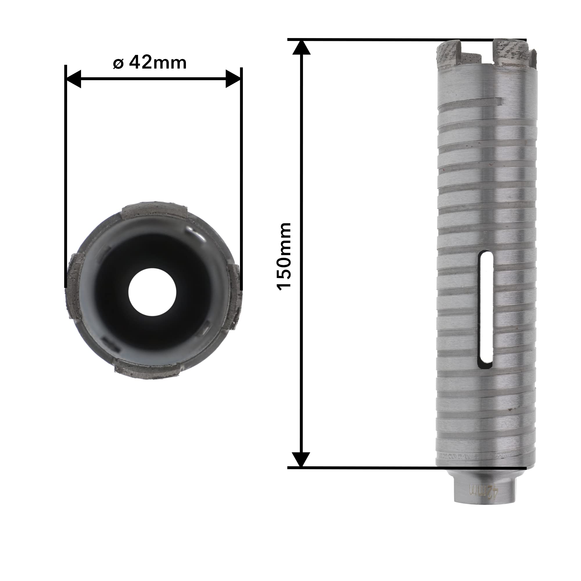 PRODIAMANT Diamentowa wiertnica rdzeniowa ø 42 mm długość efektywna 150 mm z adapterem SDS do młotowiertarki, segmenty spawane laserowo do wiercenia na sucho