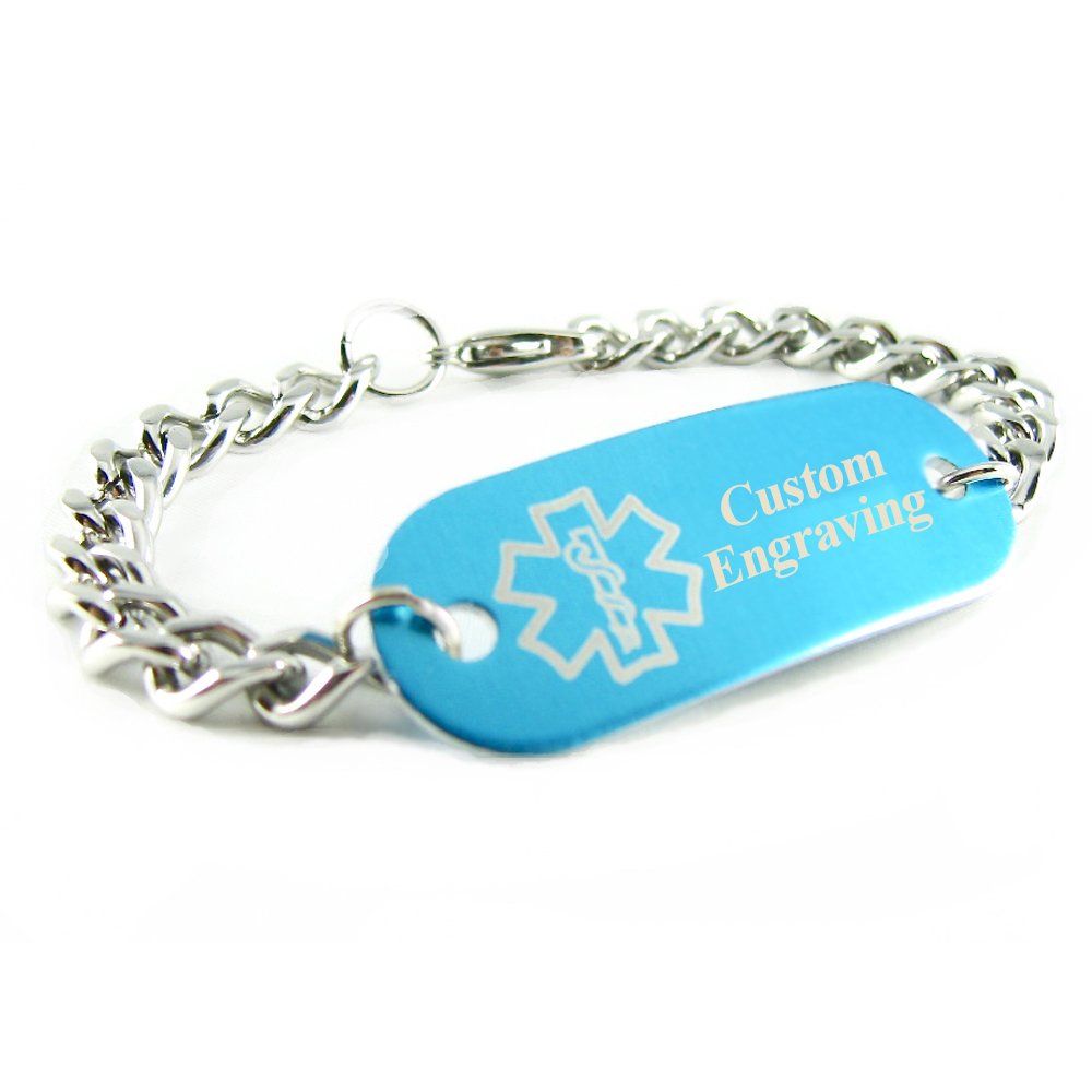 My Identity Doctor - Custom Engraved Medical ID Bracelet - Aluminum, Steel Curb Chain - Blue - Wrist Size 6.25 Inch