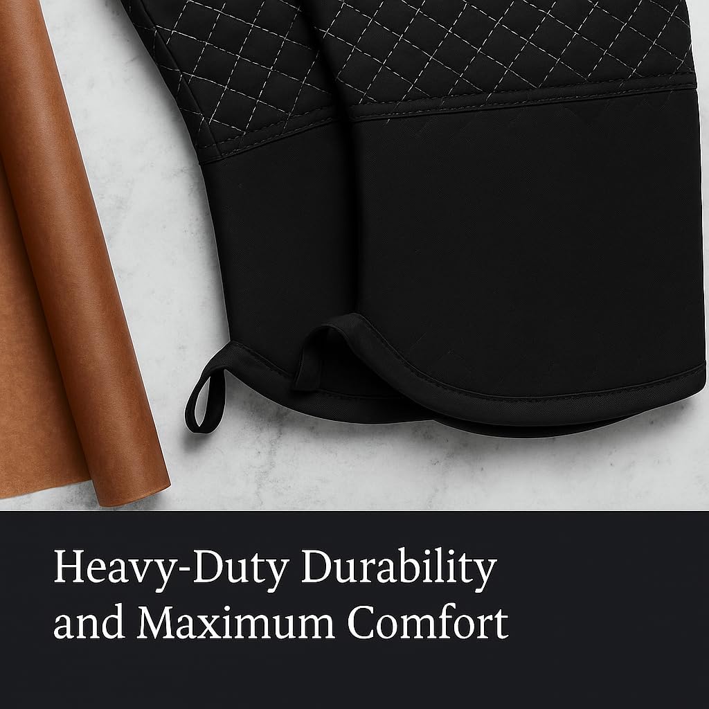(2026) Oven Gloves Heat Resistant – Double-Sided Non-Slip Silicone Mitts for Grilling, Cooking, Baking & BBQ – 1 Pair (2 Gloves + 2 Pot Holders) – 18” Long for Maximum Protection – Black Christmas