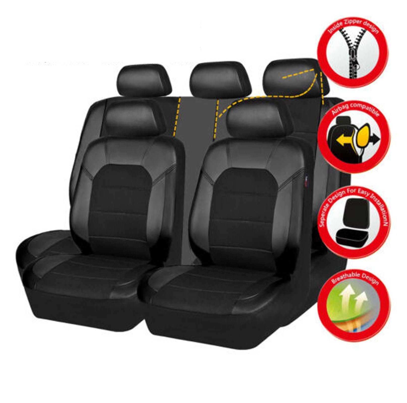 9 Piezas Fundas Asientos Coche para Niss-an Qashqai J12 SUV 2021 2022 2023 2024+, Juegos De Cubreasientos Delanteros Y Traseros Cuero Coche Accesorios,Black