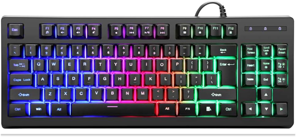 RGB Gaming Keyboard USB Wired,87 Keys Rainbow Game Keyboard,Variable Colorful Backlight Gaming Keyboard,Light Up Keyboard for Game and Work