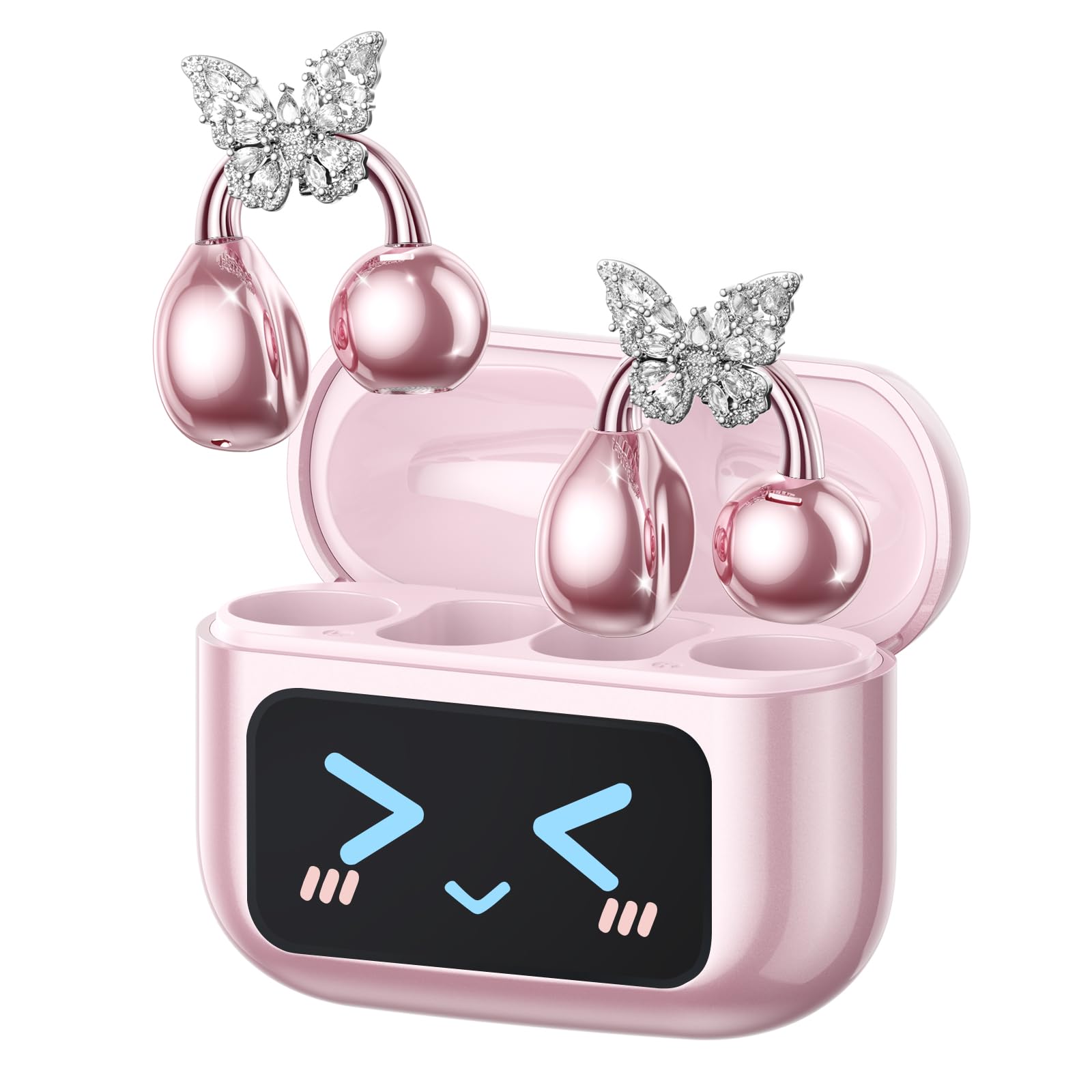 ZOMBIES CAT Cuffie Open Ear Clip-on con Schermo Touch & Orecchini Farfalla Rimovibile – Auricolari Bluetooth 5.4, Audio HiFi, Auricolari Open Ear Design Elegante per Sport e Tempo Libero, M100 Rosa