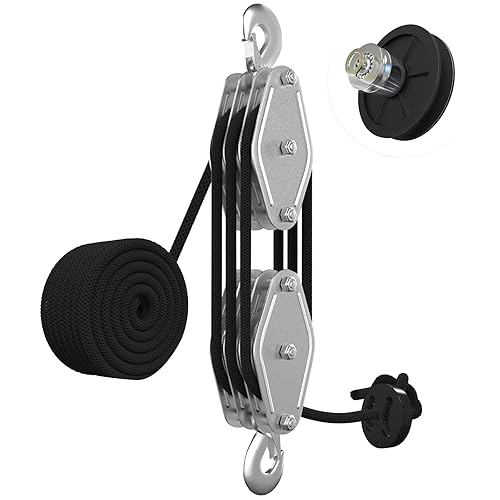 Miniatura 7 de Sistema de polea de polea de polea de cuerda, bloque de polea de 4400 libras y aparejos, relación 81 potencia de elevación de 38 × 65 pies, bloque