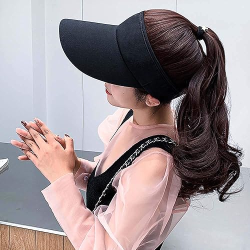 Miniatura 4 de YEKEYI Sombrero de peluca para exteriores con cabello para cola de caballo, gorra de béisbol con cabello marrón y negro ondulado para mujer, Gris