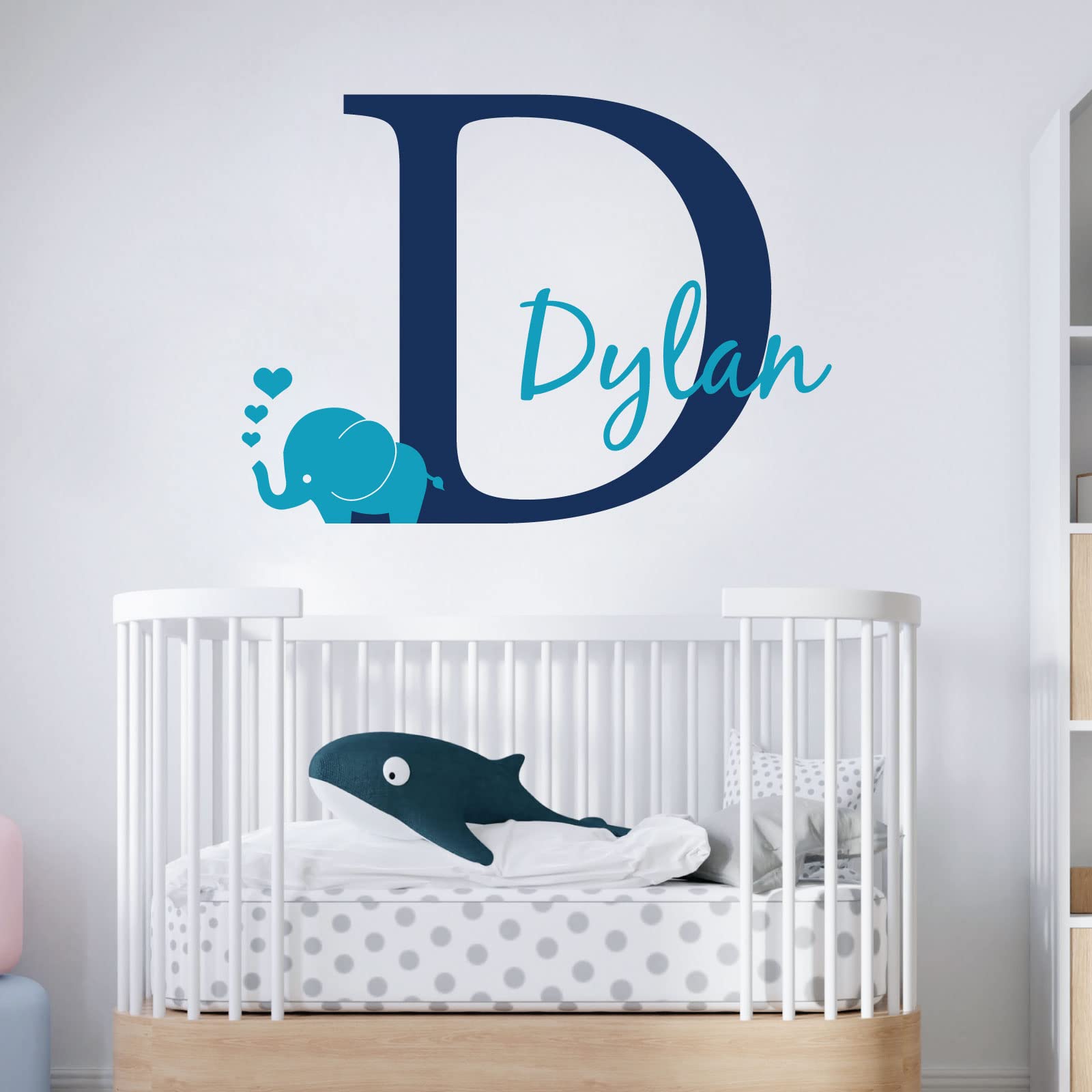 Personalised Baby Girl/Boy Name with Initial Letter and Baby Elephant, Hearts - 2 Colours [Large] [Cobalt]