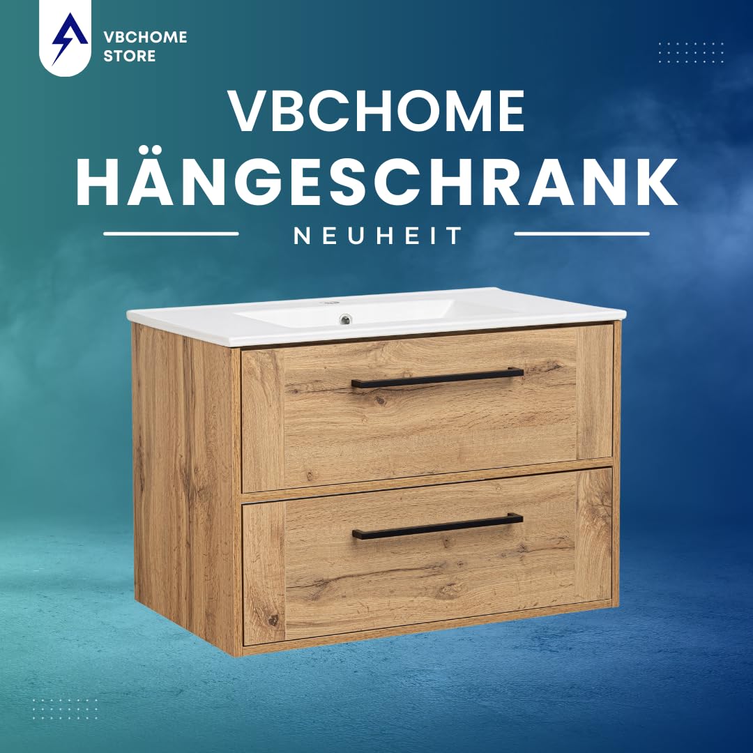 VBChome Hängeschrank 81x56x47 cm Eiche Wotan mit Keramikwaschtisch – Moderne Badmöbel mit Soft-Close-System und Metallgriffen