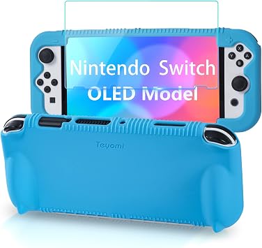 Teyomi Silicone Case Compatible with Nintendo Switch OLED Model 2021, Shockproof Protective Cover with Tempered Glass Screen Protector, Ergonomic Grip Case for Switch OLED, 2 Game Cards Slots Blue