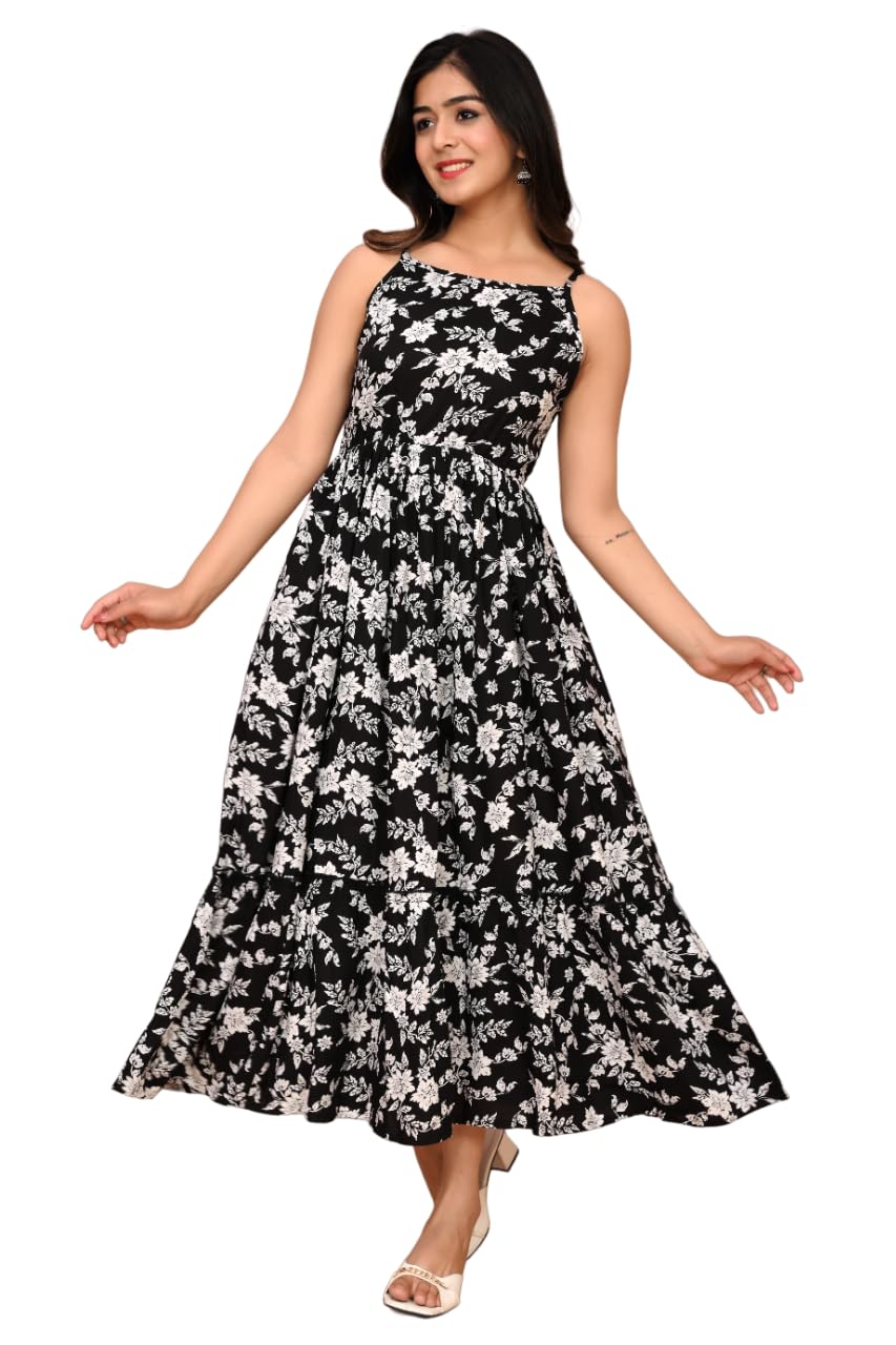Miss Rekha Rayon Stylish Designer Women's A-Line Full Long Flared Sleeveless Dress, with Elegant Design | Super Soft Comfortable Trendy Outfit Casual Wear Floral Printed Dress (MR006)