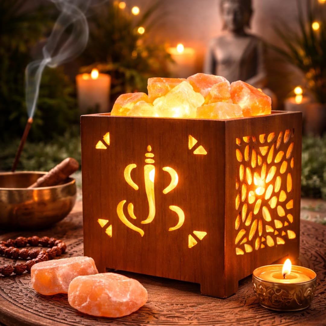 Himalayan Salt Lamp with Wooden Base, Decorative Carved Design for Positive Energy and Ambient Lighting 2.7 to 3 Kg, 5.5 X 6 Inches-image-9