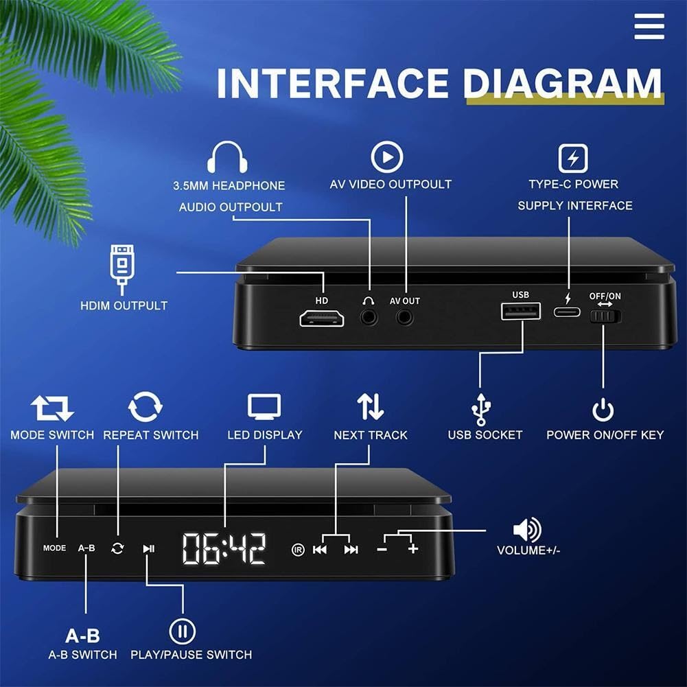 Lettore DVD Portatile, Lettore DVD for TV CD VCD I lettori video HD 1080P supportano la connessione AV con ingresso USB