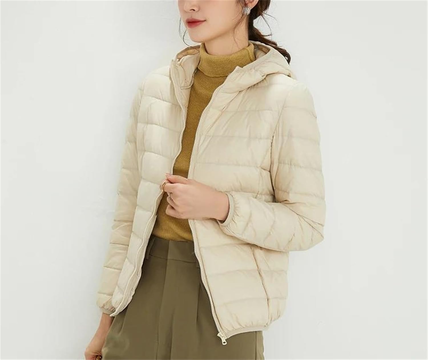 Mnjyihy Women Winter Lightweight Packable Down Jacket Winter Full-Zip Warm Hooded Parka Coat Portable Outwear