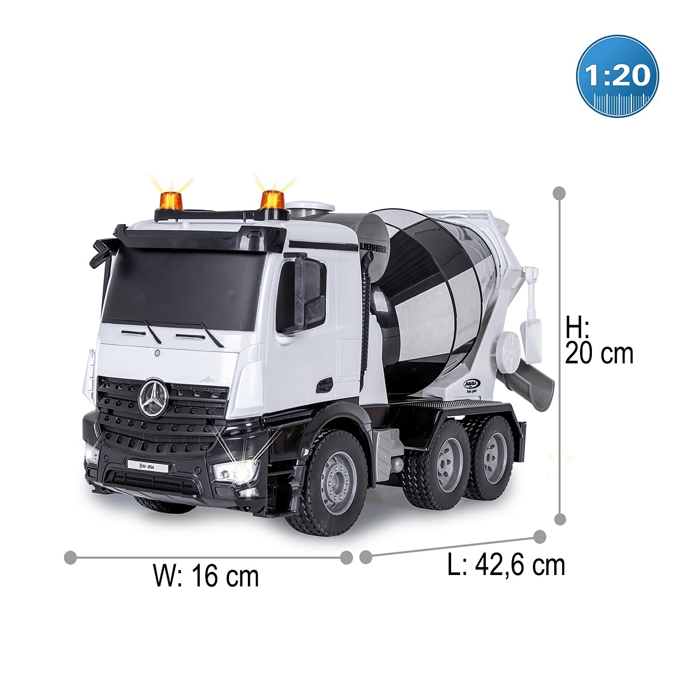 JAMARA Frullatore Mercedes Benz Arocs Liebherr 1:20 2,4 GHz – licenza ufficiale, allarme retromarcia, 4 ruote motrici, pneumatici profilati, luce LED, tamburo di miscelazione girevole con funzione di