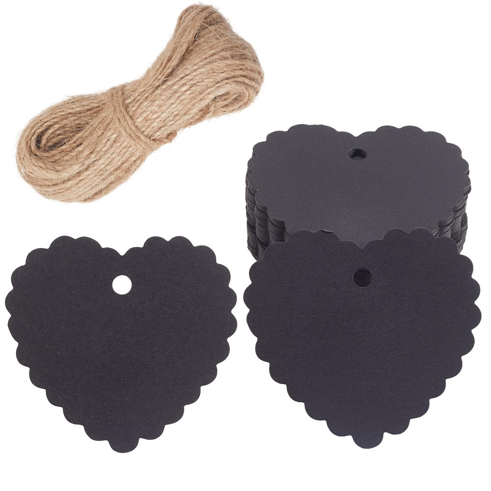 CRASPIRE 100Pcs Black Paper Heart Gift Tags Blank Cards Wavy Edge with 65.6Ft(20m) Jute Twine Double Sided Blackboard Message Board Hanging Signs for Valentine's Day Mother's Day Wedding Favor Party