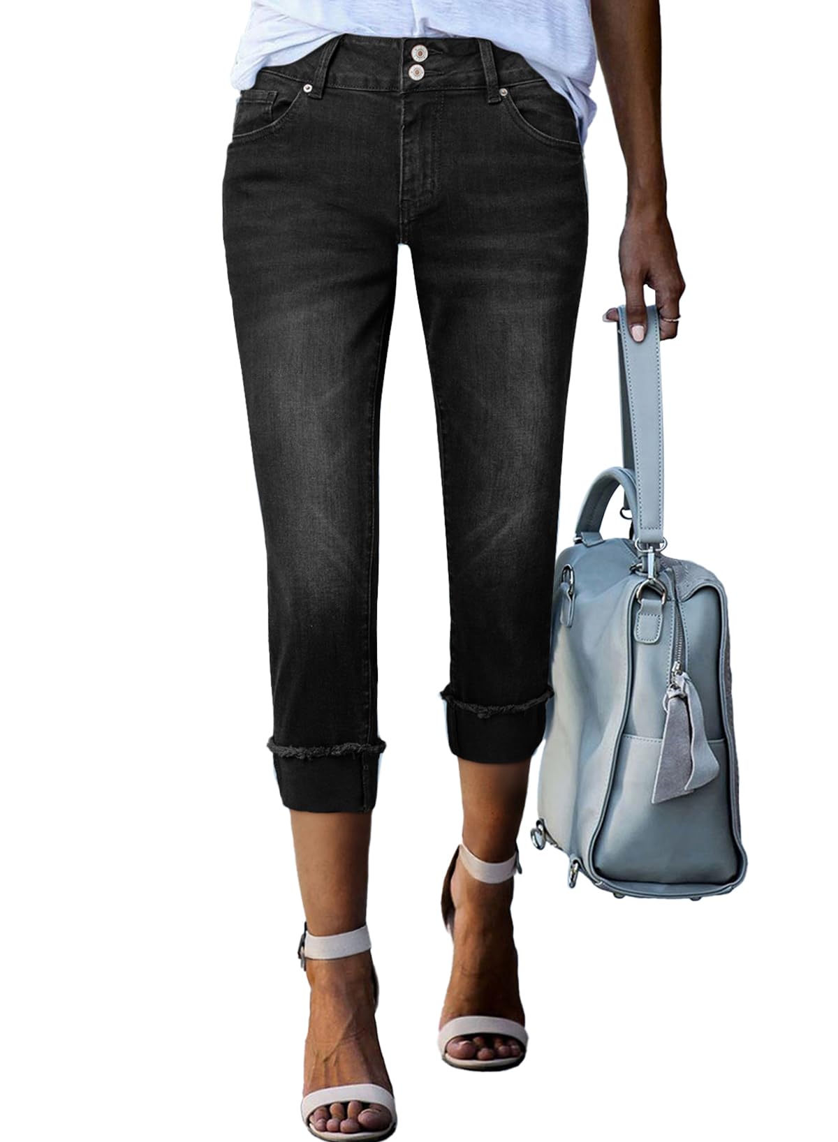 Sidefeel Women's Capri Jeans High Waisted Stretchy Roll-up Skinny Cuffed Cropped Zimbaplatinum Summer Capri Pants