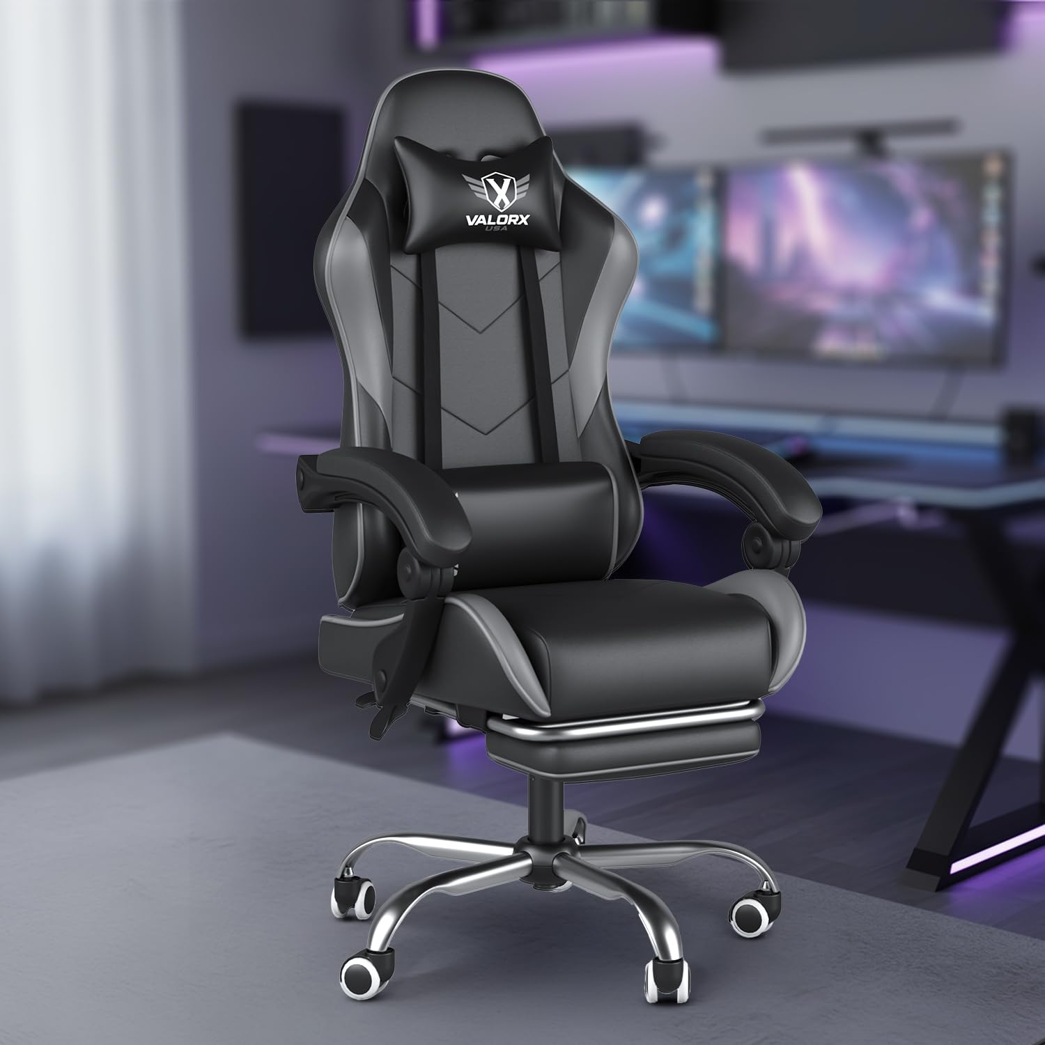 ValorX USA Vector 2026 Edition I Ergonomic Gaming & Computer Chair in PU Leather | Dual Massager Back Cushion | Adjustable Neck & Lumbar Support | Ergo-Sync Armrests | Retractable Footrest (Grey)