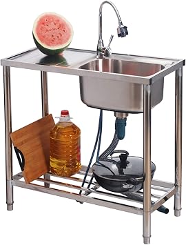 Commercial Kitchen Sink Stainless Steel Single Bowl with Drain Board, Reinforced Bracket Adjustable, Suitable for Hotel/Restaurant/Kitchen
