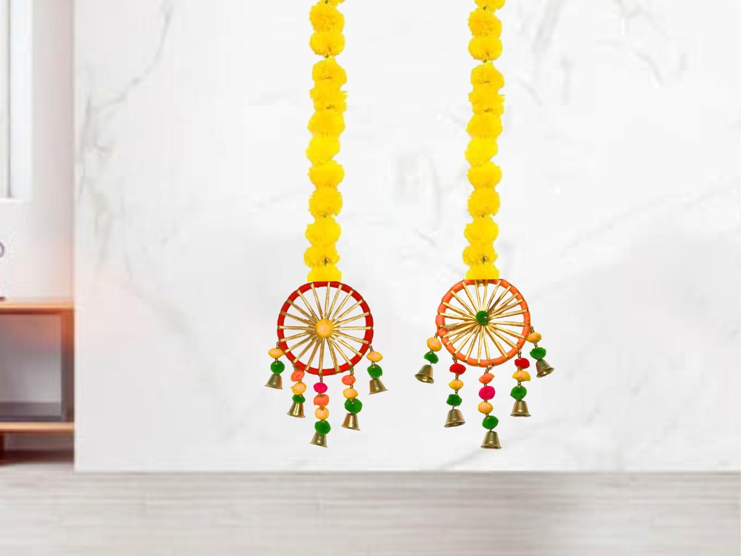 DRYPHON Artificial Marigold Flowers With Pom Pom Ring Bell Hanging Garlands for Home Decoration, Diwali, Wedding, Puja (Pack of 2)