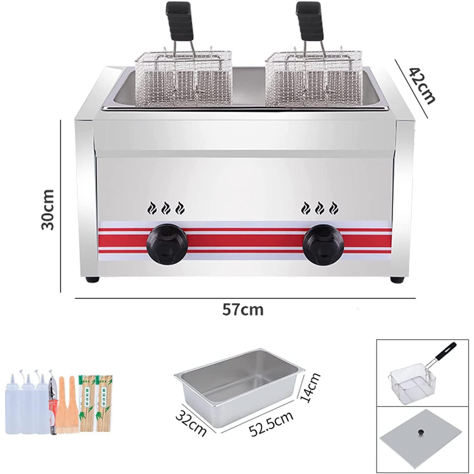 Friggitrice a Gas di Grande capacità 10/20/30 L, Friggitrice Commerciale in Acciaio Inossidabile, Controllo della Temperatura Autonomo, con Cestelli E Coperchi per Friggitrice,A20L