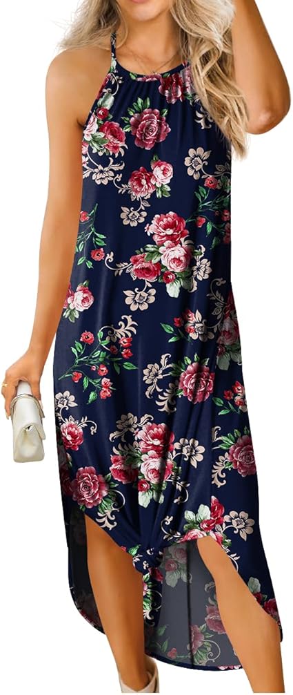 GRECERELLE Women's Loose Casual Sundress Halter Sleeveless Long Dress Side Slit Maxi Dresses