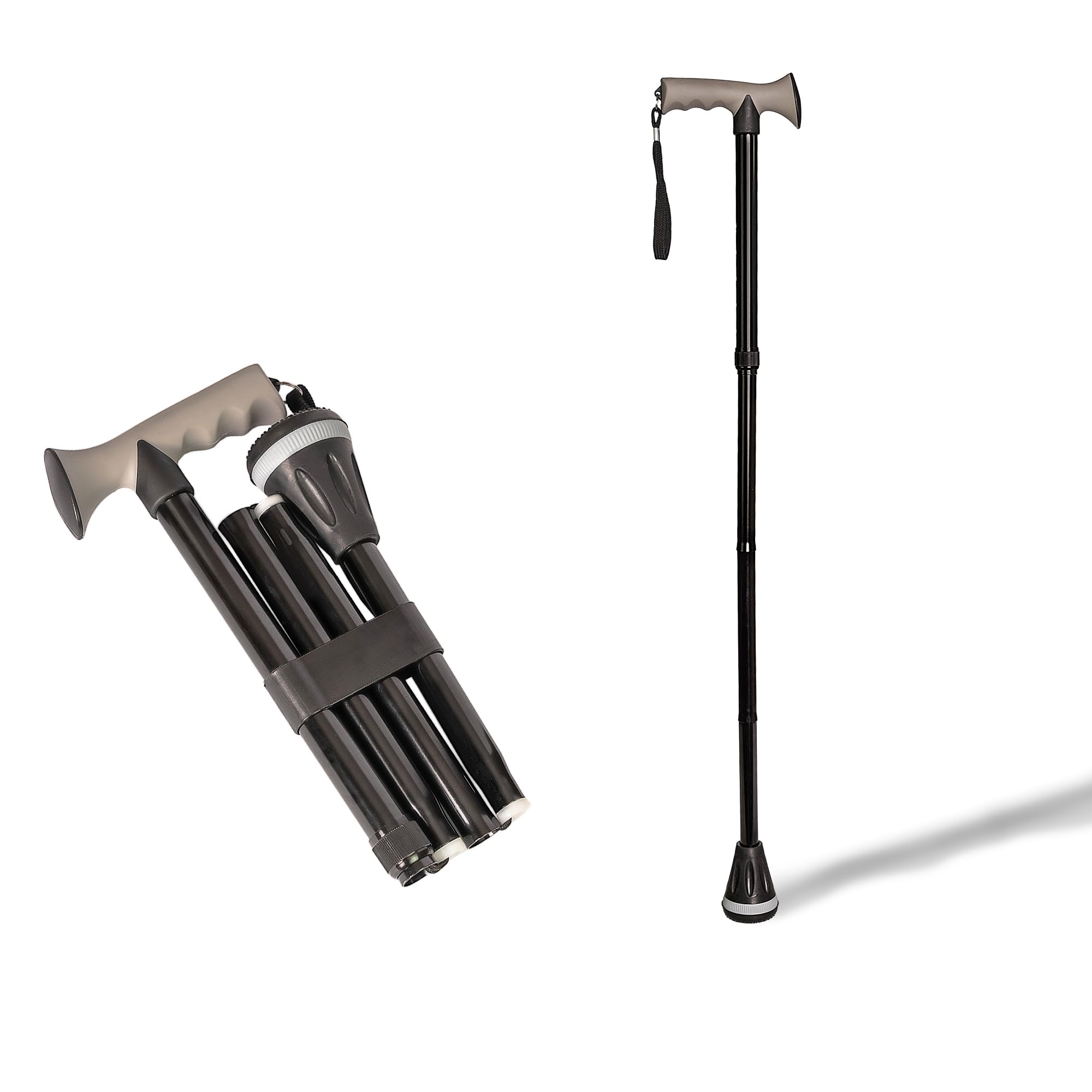 Bastón Plegable de Aluminio Negro – Empuñadura Ergonómica Soft Touch y Contera de Goma XL Antideslizante para Todo Terreno – Ligero, Ajustable 84-95cm y Portátil para el Bolso o Maleta (657S)