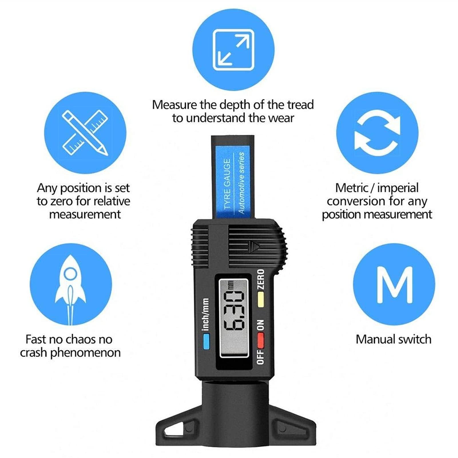 Medidor digital de presión de neumáticos, medidor de profundidad de neumáticos portátil, comprobador de profundidad de banda de rodadura de neumáticos de 0-25,4 mm, medición de profundidad de ne