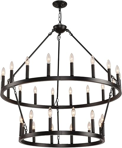 Miniatura 1 de EGM Candelabro de rueda de carro de 2 niveles, 30 luces, 40 pulgadas, extra grande, de níquel, redonda, rústica, para techos altos (2 niveles)