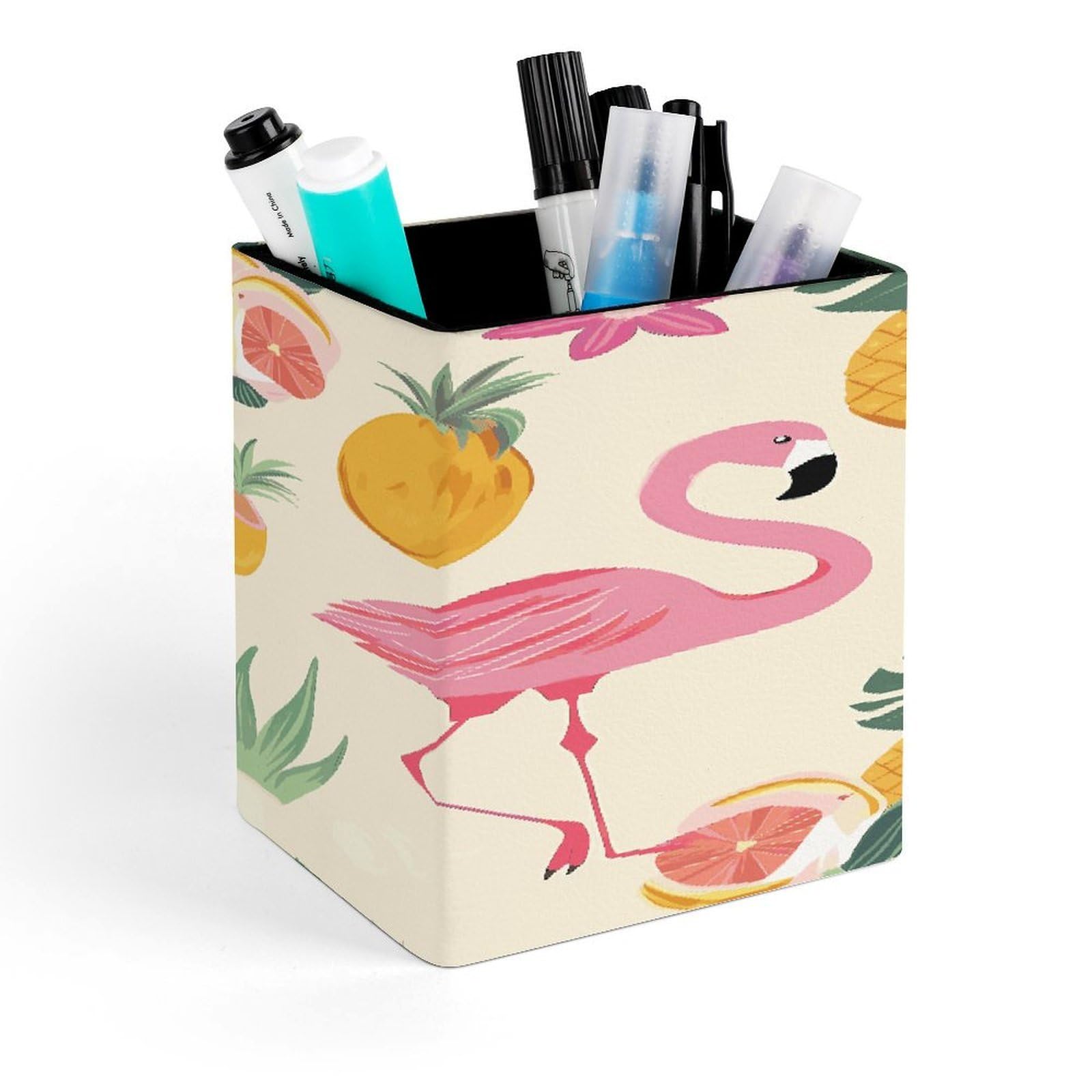 JTREHY Flamingo and Pineapple Pen Holder Square Pen Pencil Holder Makeup Brush Holder Cup PU Leather Pencil Cup Desktop Caddy Stationery Organizer Case Office Accessories Container Box