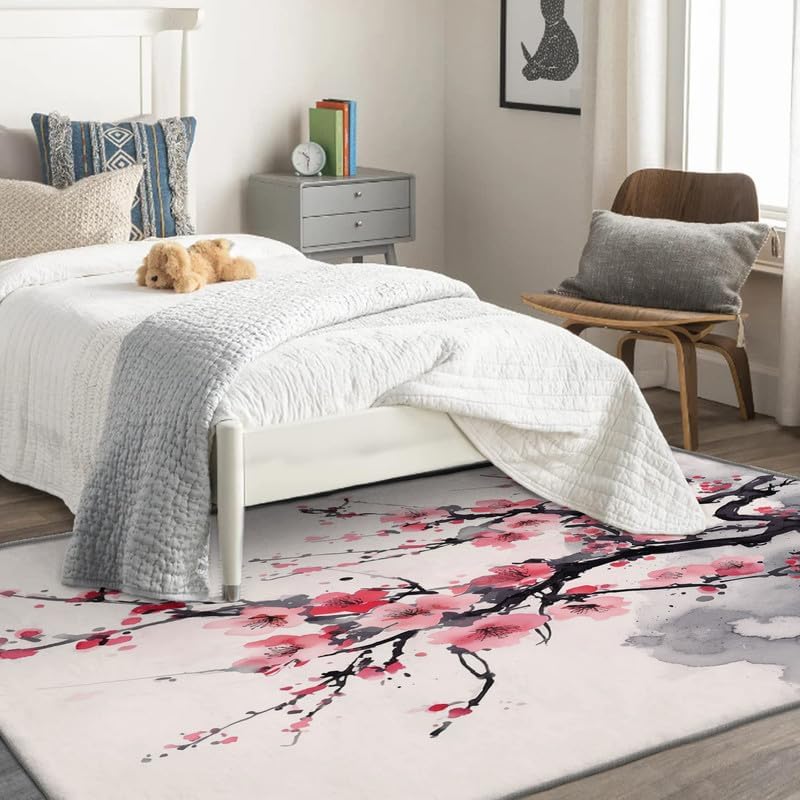 Washable Rugs for Entryway Living Room Bedroom, Japanese Cherry Blossom Rug & Home Decor, Sakura Area Rug 2x3, Non Slip Soft Low Pile Non-Shedding Indoor Carpet, Decorative Patterned Rug