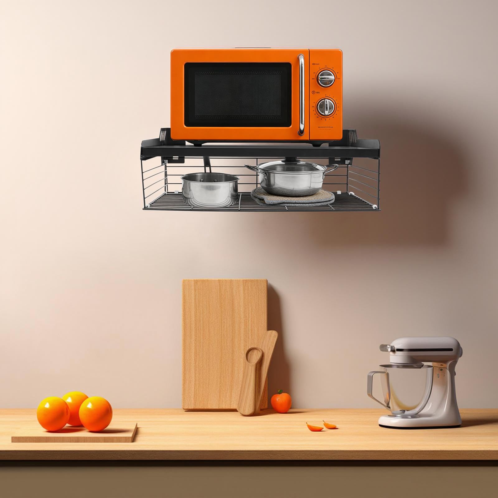 Mikrowellenregal Wandmontage ohne Bohren, 55x35x20cm Kohlenstoffstahl Küchenregal mit 33 lbs Tragfähigkeit, schwarzes Wandregal für Mikrowelle, Toaster, Backzubehör – bohrfreie Montage