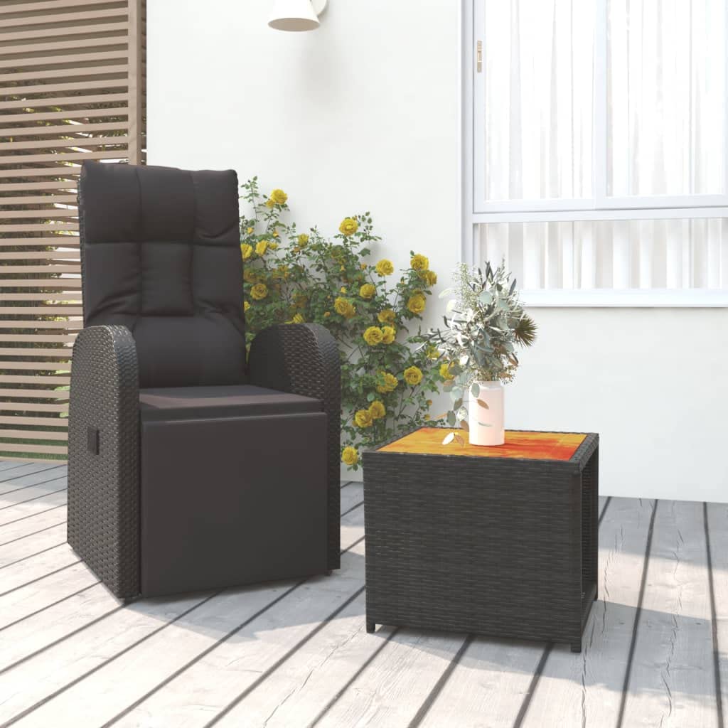 Juego de 2 sillas de jardín con respaldo ajustable y reposapiés, cojín acolchado grueso, mesa de madera maciza