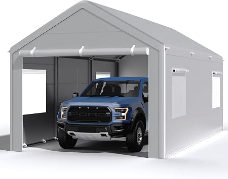 Carport 10x20 Ft, Heavy Duty Car Canopy with Reinforced Ground Bar, Portable Garage with Roll-up Windows and Removable Sidewalls, Galvanized Car Shelter, Large Outdoor Carports Grey