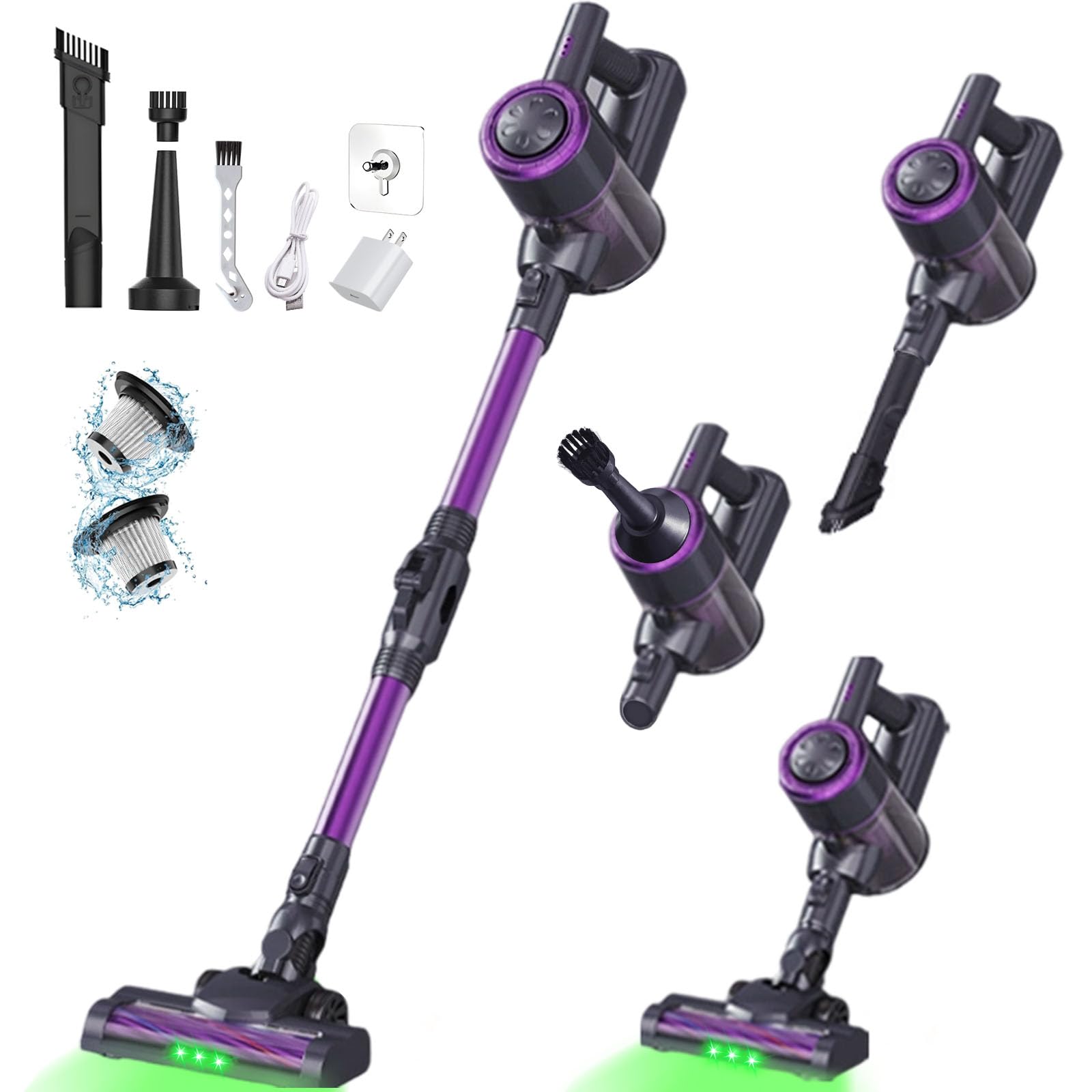 cordless vacuum cleaner, vacuum cleaners for home with 180° bendable wand | green led light, self-standing, 1.5l dust cup, washable hepa filter| lightweight stick vacuum for hardwood floors