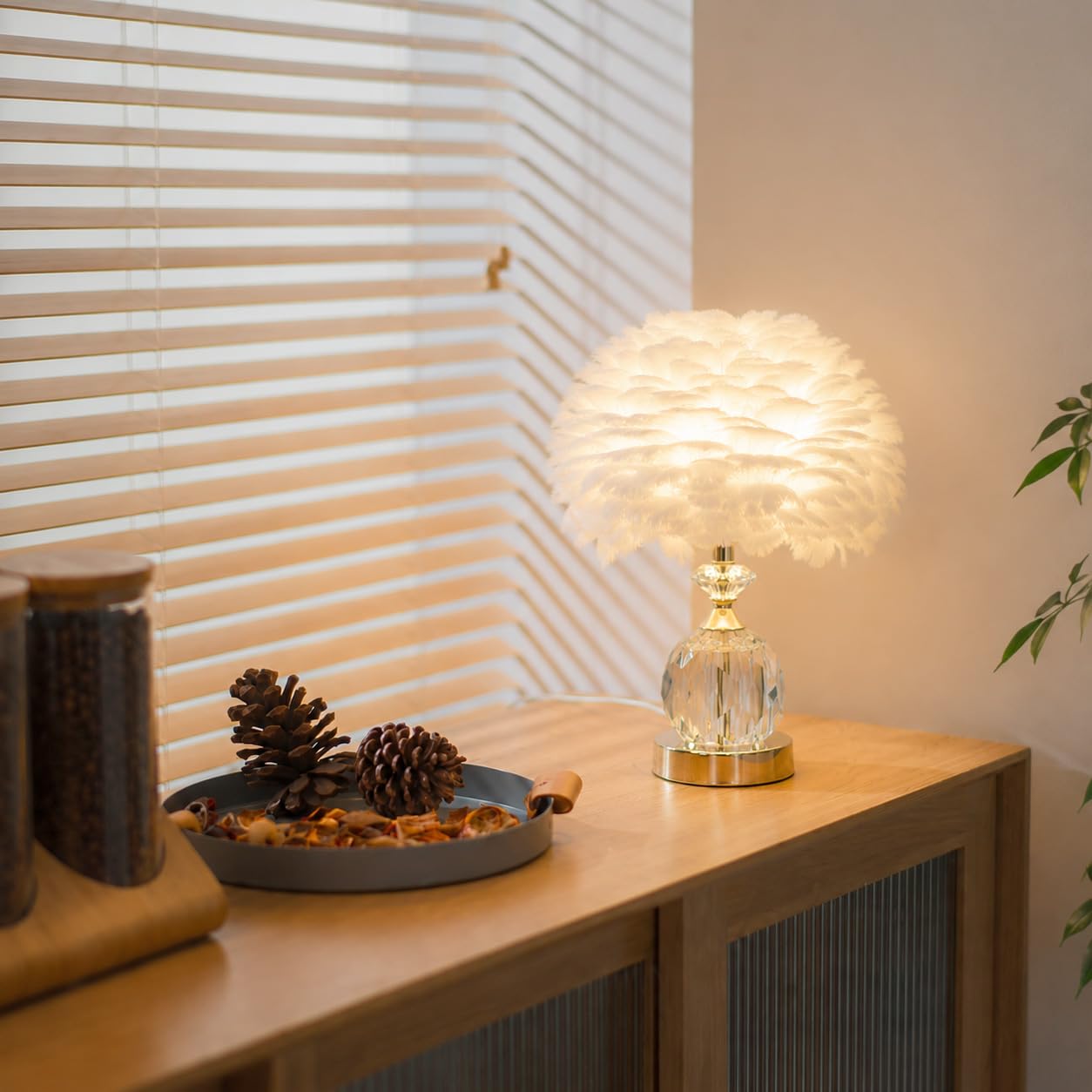 Base De Cristal Lámpara De Mesa De Plumas Blancas Lámpara De Noche De Plumas Románticas Lámpara De Noche De Plumas Lámpara De Plumas Decoración De Dormitorio, Lámpara De Cabecera De Sala De Estar