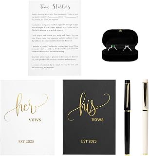 His and Her Wedding Vow Books with Pens and Velvet Ring Box, Est 2025, Foil-Stamped Lettering, Wedding Ceremony, Bridal Shower Gifts (Black Gold+White Gold)