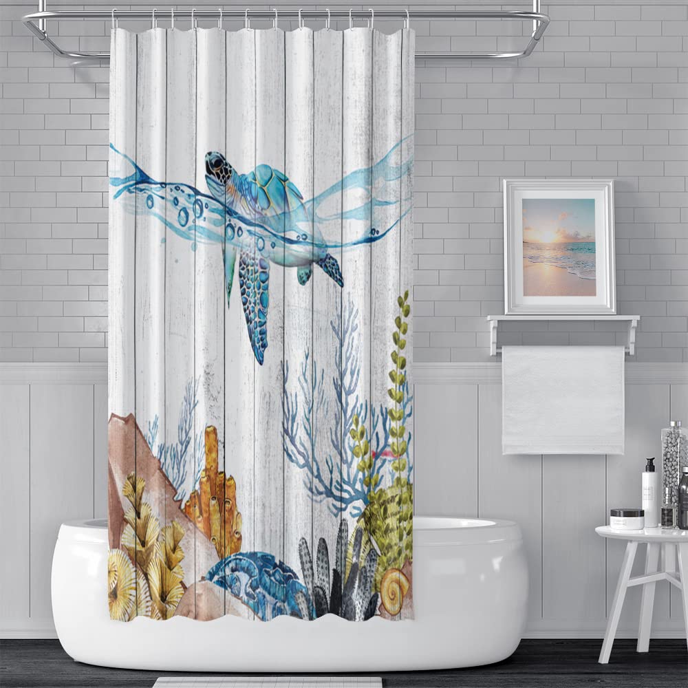 SDOTPMT 180x180cm Acuarela Tortuga Marina Cortina De Ducha Azul Tortuga Gracioso Lindo Gato Cortina De Baño Marina Animal Blanco Cortina De Bañera Para Niños Baño Poliéster Impermeable Con Ganchos