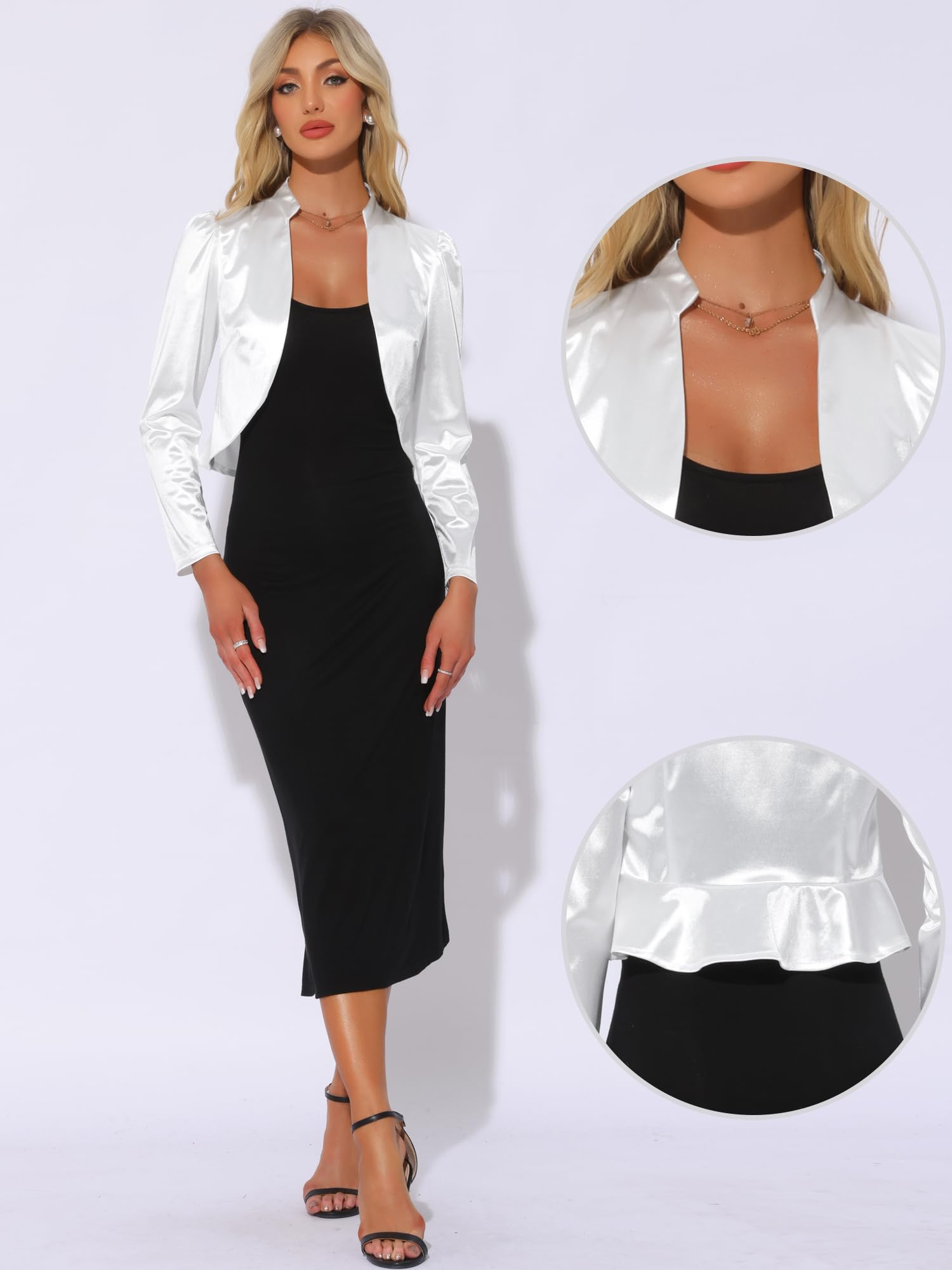 Allegra K Boléro en satin pour femme ouvert sur le devant froncé à manches longues, blanc, X-Small