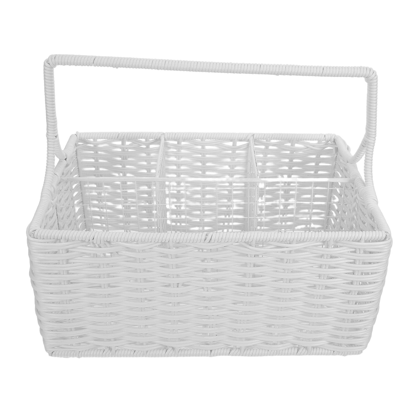 ULTECHNOVO Panier à Ustensiles Cuisine Tressé à la Main en Rotin Synthétique Blanc Petit Panier Compartimenté avec Poignée Organiseur Multi-Compartiments pour Fourchettes Cuillères et