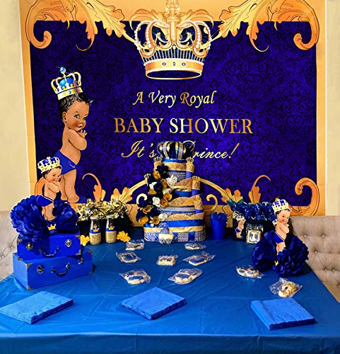 Mocsicka Royal Prince Baby Shower Backdrop Black Boy Gold Crown Photography Background 7x5ft Vinyl Little Prince Royal Blue Backdrops for Baby Shower Party - Thumbnail 2