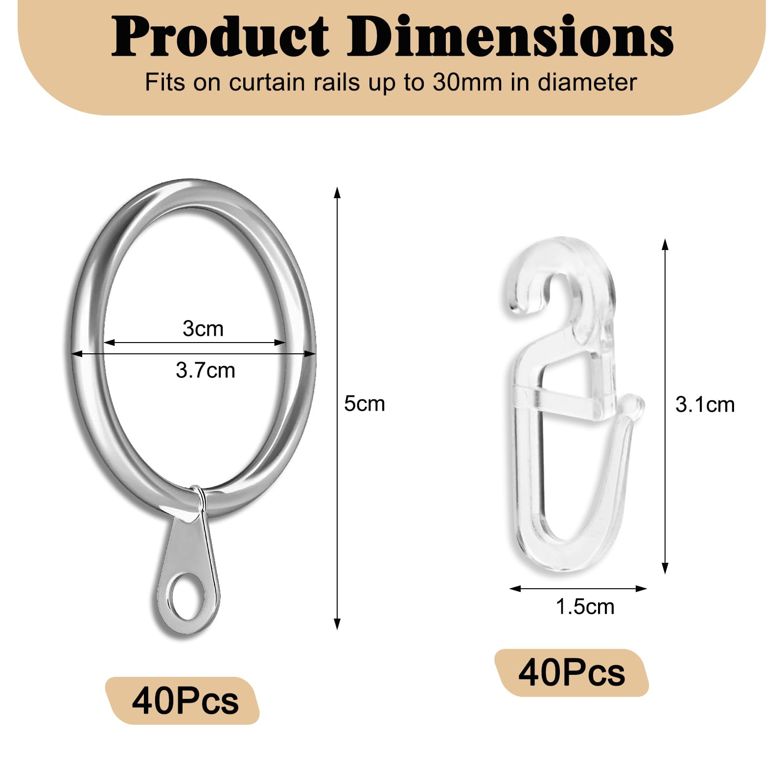 Set 40 Anelli Metallici Per Tende + 40 Ganci In Plastica - Diametro 32mm, Argento