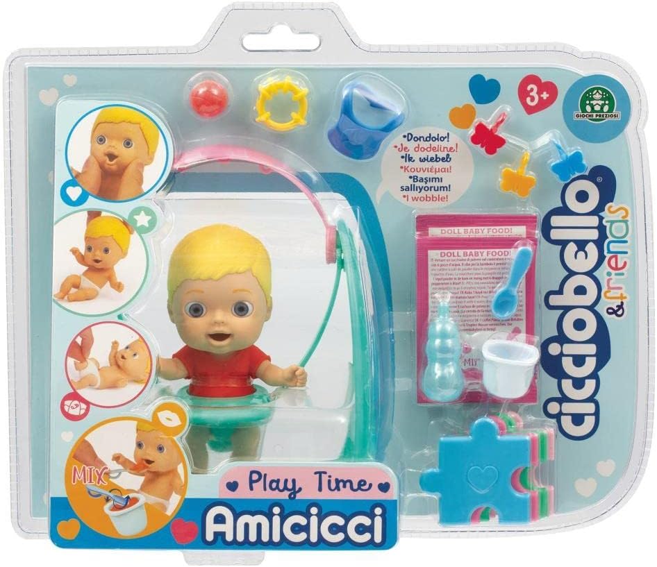 CCB Amicicci Hora de Jugar, Muñeco bebé Mini Blando y Divertido, con un pañal de Colores, con Varios Accesorios, para niñas Desde 3 años